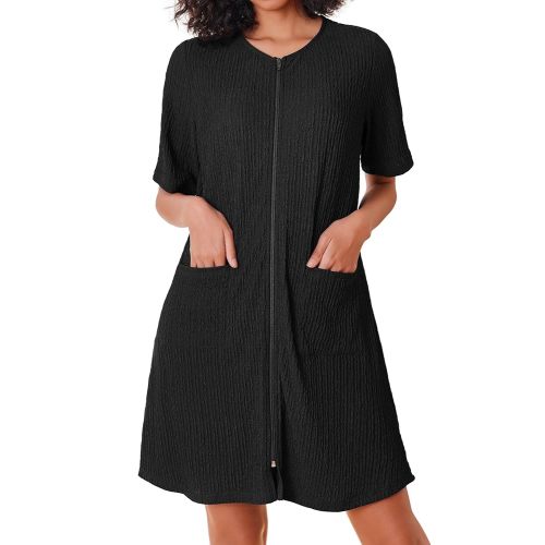 Ekouaer Women Zipper Robes Knit Short Bathrobe Lightweight House Coat with Pockets Soft Nightgown 3-3XL