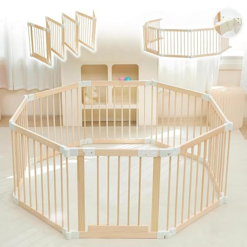 Baby Playpen, Foldable Wooden Play Yard with Gate and Child Proof Lock