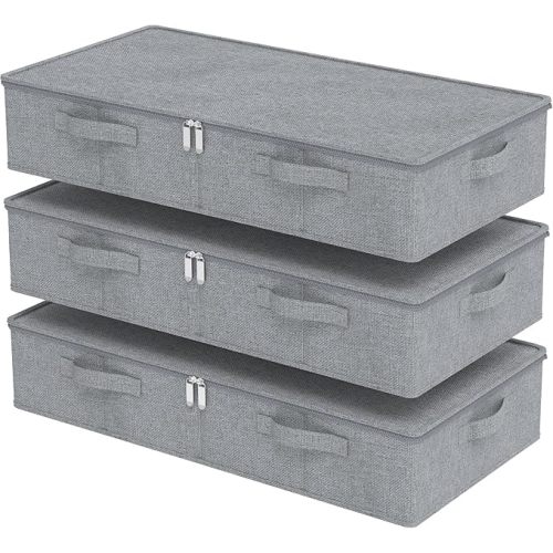 Underbed Storage Box, Foldable Under Bed Bins Container, Organizer Baskets with Lid for Organizing Clothes, Sheets, Pillows, Comforter, 31.4x15.7x5.9in, Grey, 3 Pack