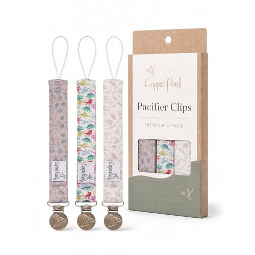 Copper Pearl 3-Pack Pacifier Holders: Premium Knit Binky Clips for Baby Girls and Boys - Stylish Stainless Steel Design for Secure No-Drop Attachment - Jurassic Park
