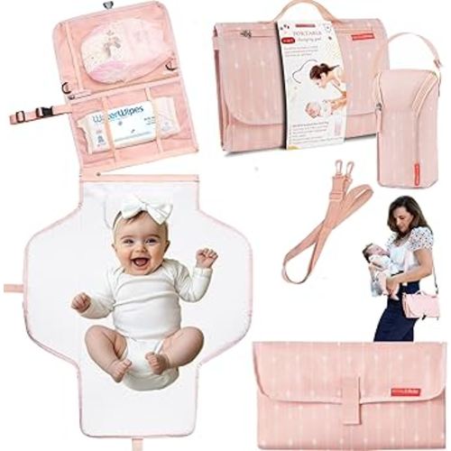 Premium Portable Diaper Changing Pad – CPC Certified Waterproof 2-in-1 Diaper Clutch & Changing Mat with Head Cushion – Bonus Insulated Bottle Bag – Travel Kit Gift for Baby Girls & Boys (Peach)