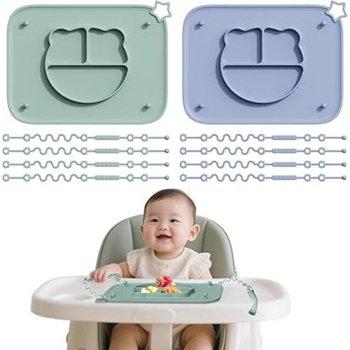 2 Pack Silicone Baby Placemats with Non-Slip Strong Suction Base and Anti-Drop 8 Stretchable Straps, BPA Free Food Grade Silicone Table Mats for Babies Toddlers, High Chair, Dining Tables, Green+Blue