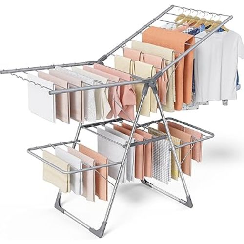 Clothes Drying Rack - Foldable Laundry Drying Rack for Clothing & Bedding, Easy-to-Assemble, Space-Saving Metal Airer with Non-Slip Feet, Indoor & Outdoor Use, 55.5"×22.8"×36.6", Gray