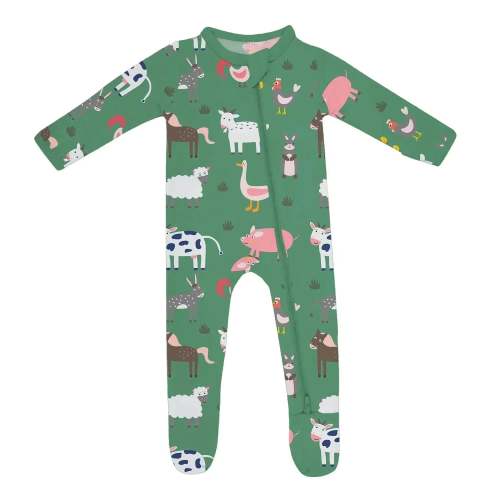 Green Farm Animals Bamboo Zippered Footie Romper