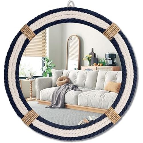 Nautical Coastal Mirror 20 Wall Decor with Rope Wrapped Trim and Hanging Loop Round Circle Nursery Mirror Nautical Boho Rustic Decorative for Living Room, Bedroom Blue and White