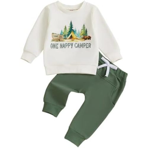 2Pcs Baby Boy 1st Birthday Outfit One Happy Camper Sweatshirt Long Sleeve T-Shirt Tops Pants Set Camping Fall Clothes