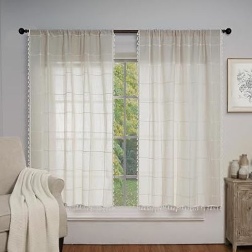 ColorBird Beige Plaid Curtains, White Embroidered Gingham 63 Inch Boho Farmhouse Curtains & Drapes for Living Room, Linen Texture Light Filtering Window Treatment for Dining Bedroom