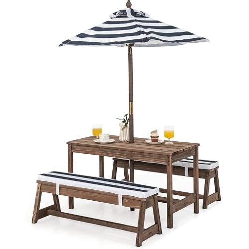 HONEY JOY Kids Picnic Table, Outdoor Wooden Table & Bench Set w/Removable Cushions and Umbrella, Stripe Fabric, Children Backyard Furniture for Patio Garden, Gift for Toddler Boys Girls Age 3+(Blue)