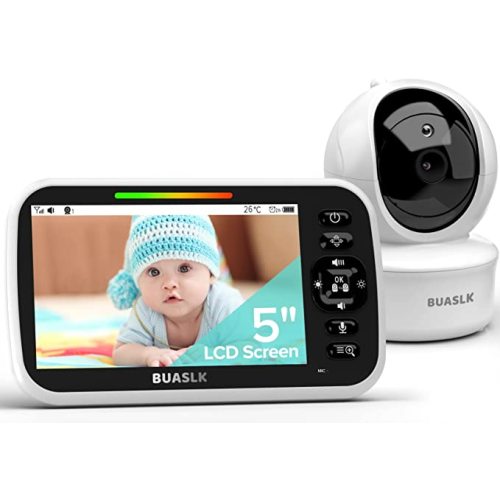BUASLK Baby Monitor with Camera and Audio, 5 inches Large Screen Video Baby Monitor with Temperature Sensor, Two Way Talk and Remote pan-tilt-Zoom Camera, Night Vision and 960ft Range. - Monitor with camera