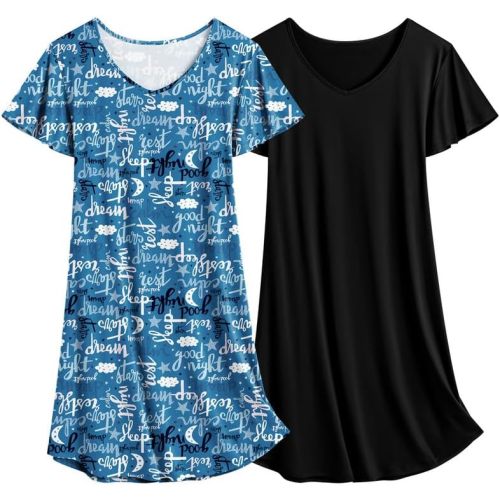 Ekouaer 2 Pack Women's Nightgown Short Sleeve Nightshirts Comfy Soft Pajama Sleep Dress