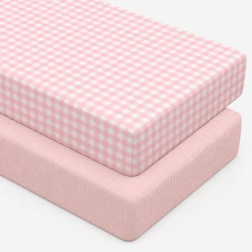 Breling 2 Pcs Muslin Pink and Pink Gingham Crib Sheets for Girl Soft and Breathable 100% Cotton Plaid Crib Baby Bed Sheets Checkered Fitted Mattress Cover for 52''x 28'' Standard Mattress Size