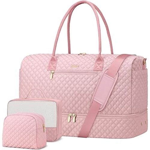 Travel Duffle Bag for Women Weekender Overnight Bag with Shoe Compartment with Gym with Wet Pocket for Labor and Delivery 3 Pcs Set Pink