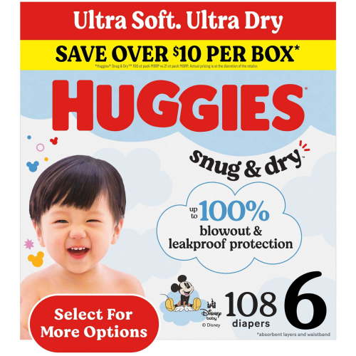 Huggies Snug & Dry Baby Diapers, Size 6 (35+ lbs), 108 Count (Select for More)