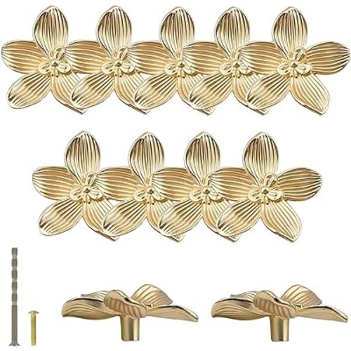 Gold Flower Drawer Knobs Creative Petal Kitchen Cabinet Knobs Dresser Knobs Furniture Cupboard Drawer Pulls Handles for Wardrobe Door Pulls (Gold,12Pcs)