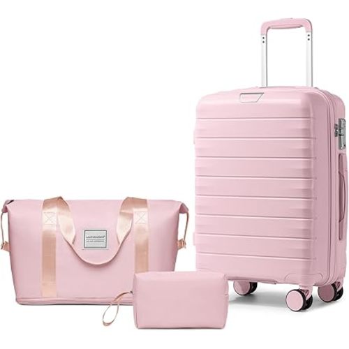 LARVENDER Luggage Sets 3 Piece with Duffel Bag Hardside PP Carry On Suitcase with 360° Spinner Wheels TSA Lock Luggage Sets for Women, Orchid Pink