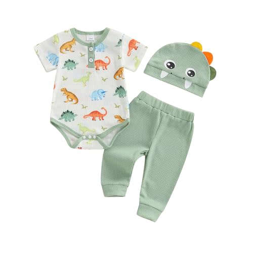 Baby Boy Dinosaur Outfits Short Sleeve Romper Button Down Shirt Waffle Trousers Cute Hat Nebworn Infant Fall Clothes