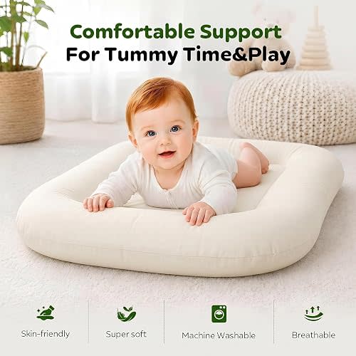 Baby Lounger for Newborn, 0-12 Months, Portable Tummy Time Mat for Home and Travel, Soft Cotton, Supervised Use, Baby Essentials Gift
