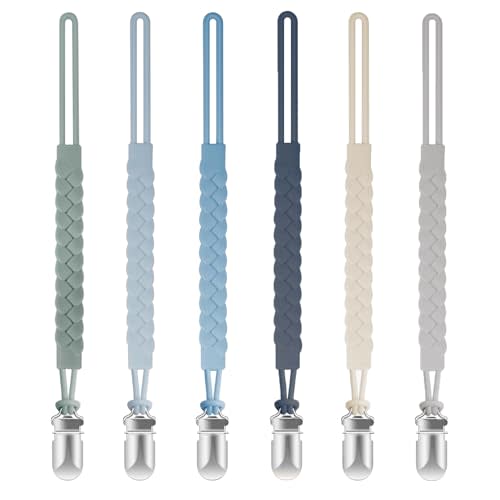 TenderBabe Silicone Pacifier Clip for Baby Boys and Girls, Pack of 6 Soft Flexible Paci Binky Clips with One-Piece Braided-Style Design,BPA-Free Newborn Essentials