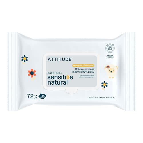 ATTITUDE Baby Wipes Unscented, For Sensitive Skin with Oat, Natural Origin, Dermatollogically Tested​, For Babies, Toddlers & Kids, Chamomile Extract, EWG Verified​, 72 Count