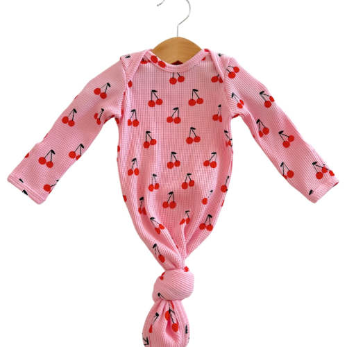 Organic Waffle Knotted Gown, Pink Cherries