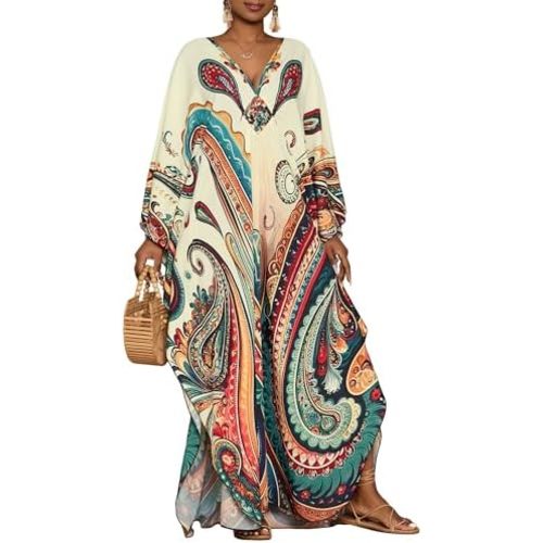 Bsubseach Kaftan Dresses for Women Ethnic Print Plus Size Beach Cover Ups Batwing Sleeve Caftans with Pockets