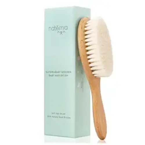 Natemia Wooden Baby Hair Brush - Natural Goat Hair Bristles - Gentle Soft Bristles for Scalp Massage - Cradle Cap Comb for Flake Removal - For Baby Grooming Kit & Toddler Hair Brush
