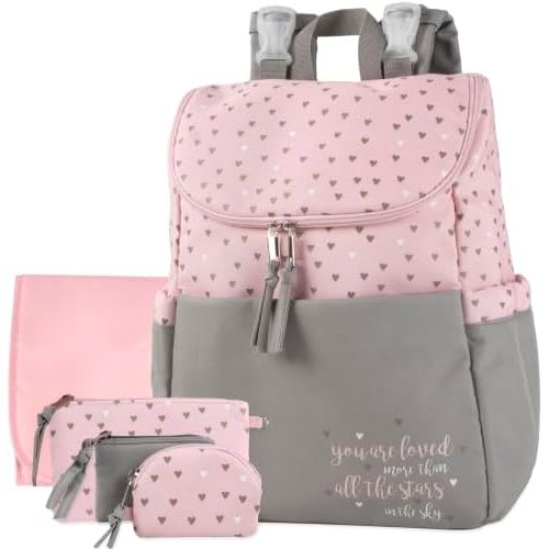 Baby Essentials Multi-Pocket Diaper Bag Backpack (5 Piece) with Matching Changing Pad and (3) Organizer Pouches for Newborns, Infants & Toddlers (Pink & Gold Hearts)