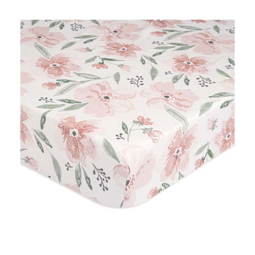 Crane Baby Parker Fitted Crib/Toddler Bed Sheets - Pink Floral 100% Cotton Sateen Crib/Toddler Bed Sheet