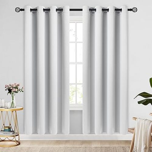 COSVIYA Grommet Blackout Room Darkening Pure White Curtains 72 inch Length 2 Panels,Thick Polyester Light Blocking Insulated Thermal Window Curtain Drapes for Bedroom/Living Room,52x72 inches