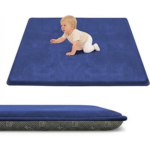 ACOMOPACK 1.3" Thick Baby Play Mat for Floor 50x50"-Memory Foam Water-Repellent Playpen Mat for Tummy Time,Non-Slip Soft Velvet Nursery Rug for Kids,Toddlers,Infants Crawling(Blue)