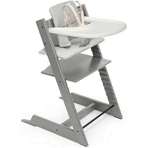 Stokke Tripp Trapp High Chair 2 (Storm Grey), Cushion 2 (Nordic Grey) + Stokke Tray (White) - Includes Chair + Baby Set 2 with Removable Harness for Children 6-36 Months