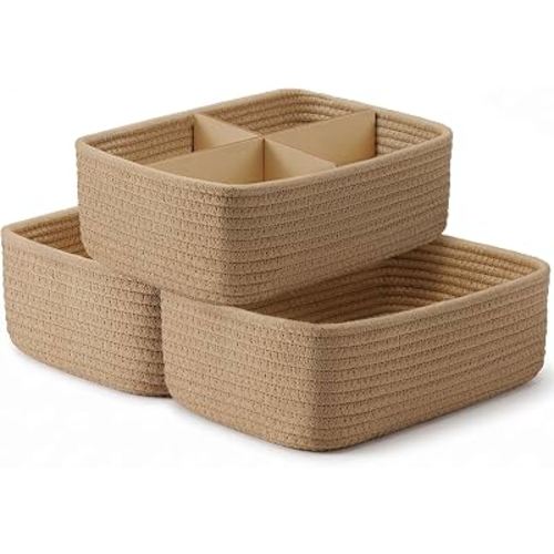 3 Pack Small Baskets for Organizing, Woven Storage Baskets for Shelves | 11.8x7.8x3.8 in Cotton Rope Baskets, Toy Baskets Storage Kids, Basket Organizer, for Living Room, Bedroom, Nursery, Mix Brown