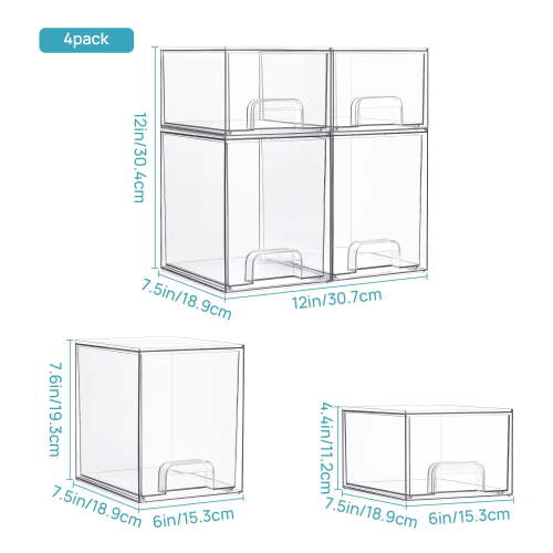 Vtopmart Stackable Storage Drawers Set of 4,Clear Plastic Organizer Bins for Makeup, Cosmetics, Beauty Supplies
