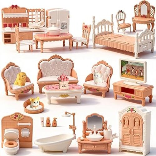 Dollhouse Furniture Set, 38 Pcs Miniature Doll House Accessories with Dogs and Cat ，Kitchen Bedroom Living Room Bathroom Furniture, Toy for Kids Ages 3+ Boys Girls, Great Gift Idea