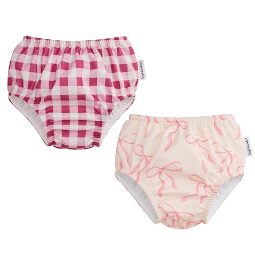 Tiny Twinkle Pull-Up Reusable Swim Diapers 2-Pack | Waterproof and UPF 50+ Sun Protection | Lightweight and Absorbent | Machine Washable(Raspberry Gingham,Bubblegum Bows,0-6M)
