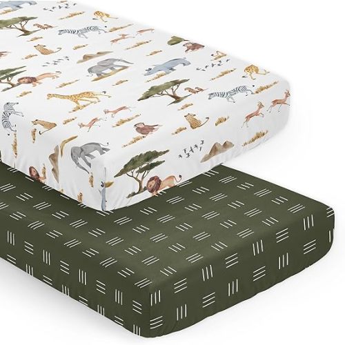 Sweet Jojo Designs 2-Piece Baby Crib Sheets Set (Jungle Safari Animals) for Boys or Girls, Infant Nursery, Toddler Room - Standard Size (Neutral, Wildlife, Animal, Elephant, Zebra, Lion, Mountains)