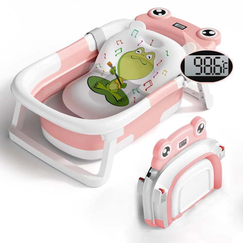 stusgo Collapsible Baby Bathtub, Plastic Frog Baby Bath Tub with Soft Cushion & Thermometer（Pink）