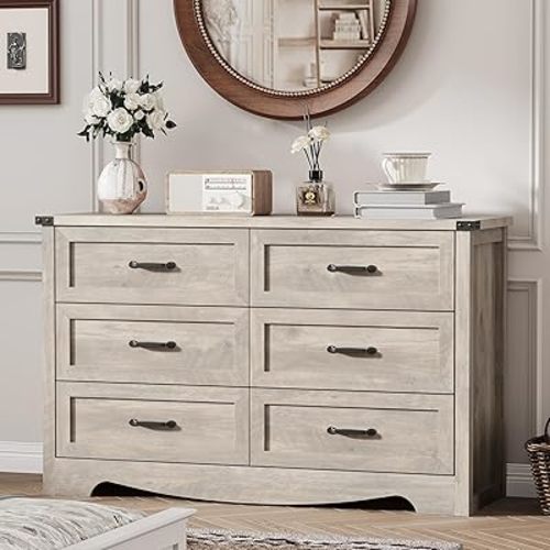 Dresser for Bedroom with 6 Drawers, 48" Wide Wood Chest of Drawers with Deep Drawers & Mental Handle, Modern Dresser TV Stand, Wooden Closet Storage Organizer for Living Room, Hallway, Entryway, Grey