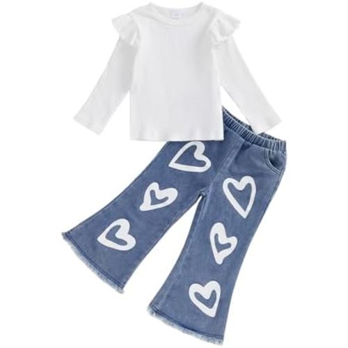 Toddler Girls Clothes 2T 3T 4T 5T 6T Ribbed Baby Kids Girl Denim Outfits Long Sleeve Tops Love Hearts Jeans Pant