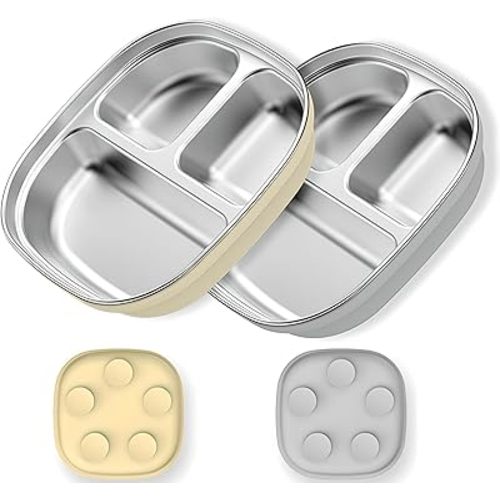 Stainless Steel Toddler Plates with Suction | Non-Slip Divided Baby Plates BPA Free & Non Toxic | Detachable Silicone Base| Dishwasher Safe | Unbreakable Kids Dinnerware 2-pack(yellow + grey)
