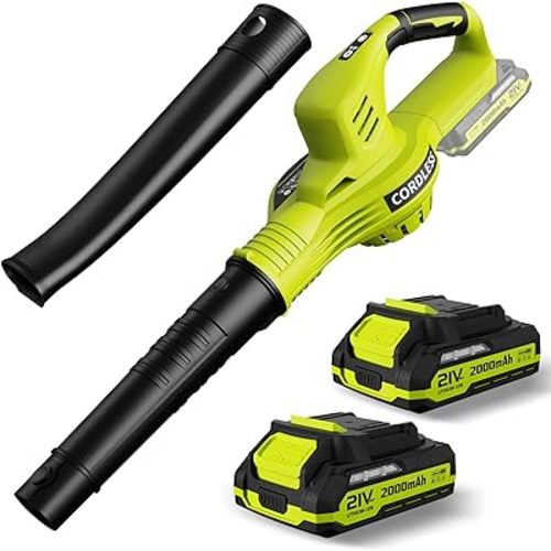 Leaf Blower Cordless - 21V Powerful Electric Leaf Blower with 2 Batteries and Charger, 2 Speed Modes, 2.0Ah Lightweight Battery Powered Leaf Blowers for Lawn Care, Patio, Dust, Blowing Leaves