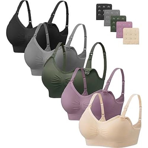 Angelhood Nursing Bra 5 Pack Womens Maternity Breastfeeding Seamless Wireless Sleep Bra with Extenders