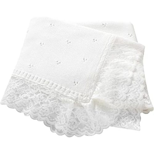 Hadetoto Cotton Lace Knit Baby Blanket, 32x40 Inch (White)