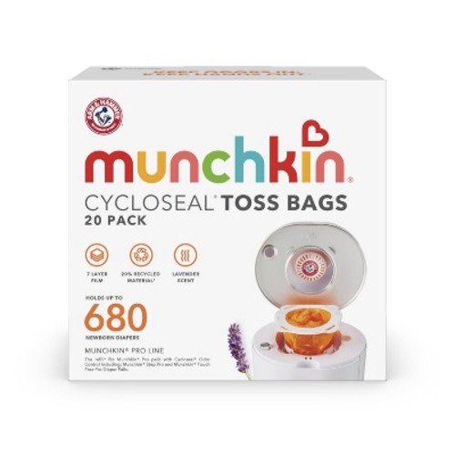 Munchkin CycloSeal Toss Bags for Step Pro and Touch Free Pro Diaper Pail Refill Bags, Lavender Scent - 20pk