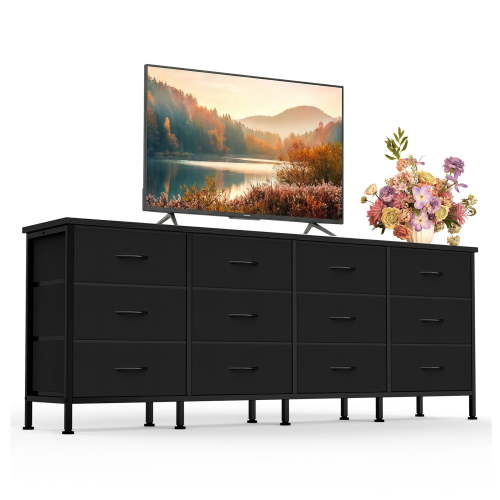 CONCETTA 12 Drawer Storage TV Dresser, Metal Frames Resist Deformation, Adjustable Feet Prevent Tipping, Accommodates TV Up to 80 inch, Suitable for Living Room,Black
