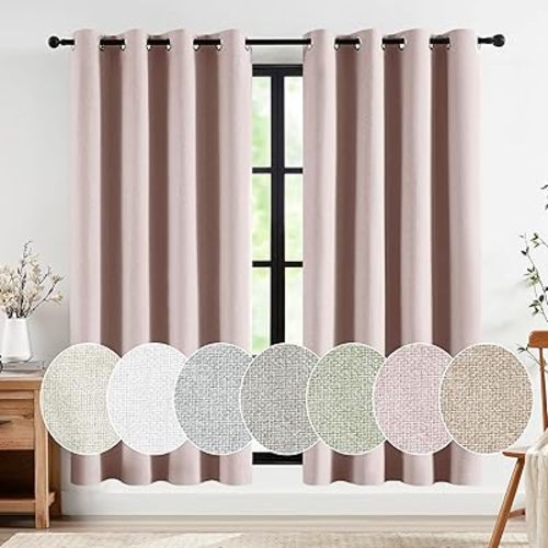 Jubilantex Pale Pink Linen Blackout Christmas Curtains Full Blackout 63 Inches Long for Bedroom Living Room Thermal Insulated Linen Textured Blackout Curtains,Grommet Top 2 Panels 52"x63"