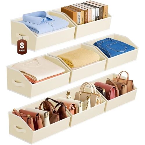 Homsorout Large Closet Organizers and Storage Bins - 8 Pack Trapezoid Storage Baskets for Shelves, Foldable Fabric Baskets with Handles Ideal for Closet, Basket, Wardrobe and Shelf Storage, Beige