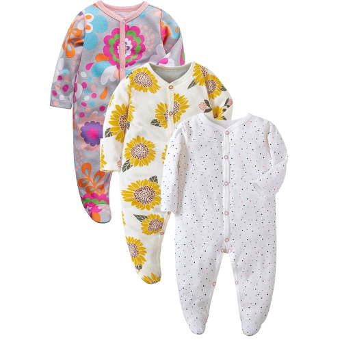 QEFJNO Newborn Baby Girls' 3-pack Sleep and Play Footies Pajamas One-Piece Sleeper Button Jumpsuit Cotton Floral PJs