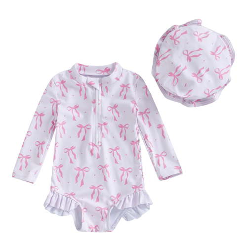 Xudanell Baby Swimsuit Girl Long Sleeve Rash Guard Girls Baby Set with Hat Set Zipper Swimsuit White 0-3 Months