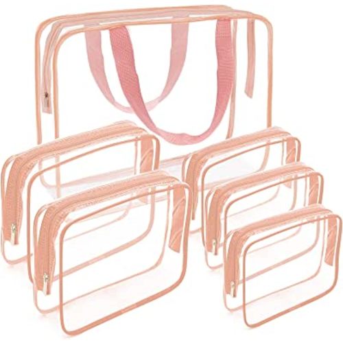 APREUTY Clear Makeup Bags, TSA Approved 6 Pcs Cosmetic Makeup Bags Set Clear PVC with Zipper Handle Portable Travel Luggage Pouch Airport Airline Vacation Organization (Pink)